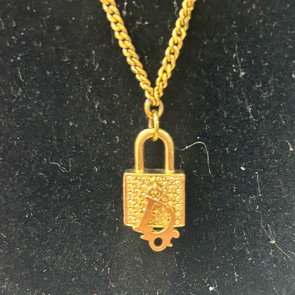 Christian Dior Golden Rhinestone Encrusted Padlock Necklace w/ Dior charm